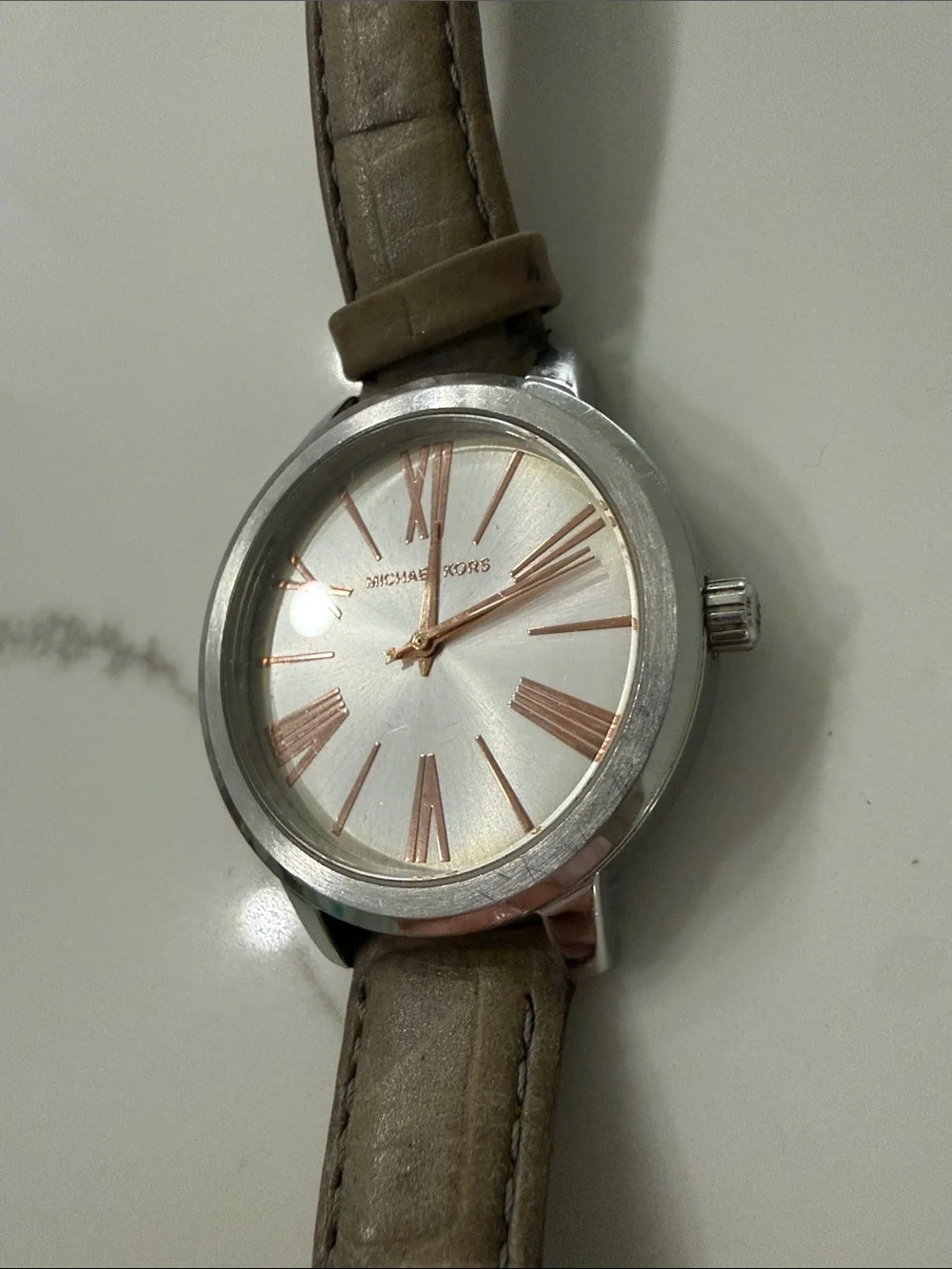 Michael Kors Silver Case Watch with Taupe Leather Strap and Rose-Gold Accents